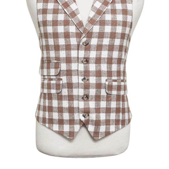 Mens Vest 44R Brown Beige Plaid Check Waistcoat XL Western Casual Preppy Party - Picture 5 of 9